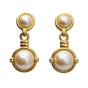 Vintage 1980s SIGNED Monet Gold Tone and Pearl Drop Earrings